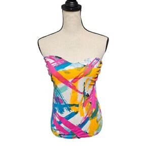 Vtg 80s Wet Seal Sz XL Rave Clubwear Summer Strapless Colorful Brushstrokes